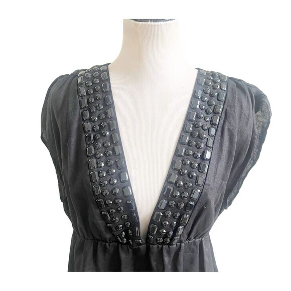Carol Little 100% Linen Tunic Black Beaded Deep V Neckline XL Party Cocktail - Picture 4 of 11